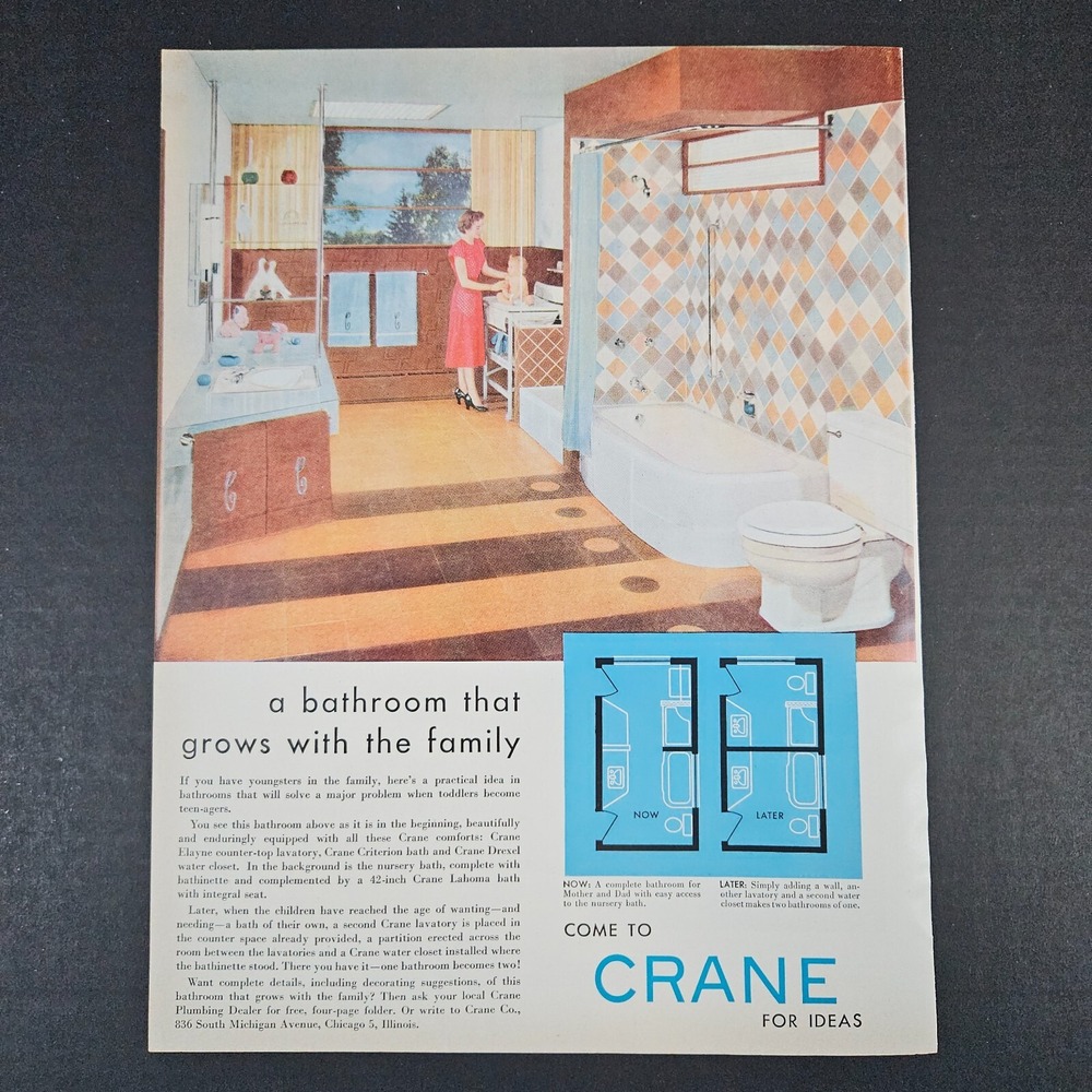 1953 Crane Bathroom Designs Vintage Print Ad Chicago IL Lahoma Tub Elayne Sink‎